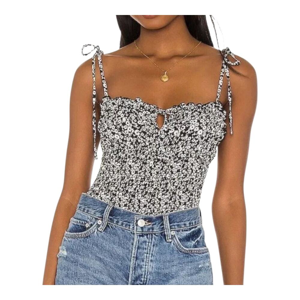 Free People Intimately Bardot‎ Bodysuit Black Combo Floral Tie Straps Medium